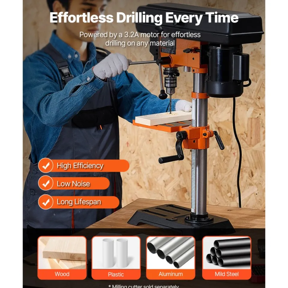 VEVOR Benchtop Drill Press, 3.2 Amp, 5-Speed Adjustable Drill Press with 650/1050/1800/2350/3100 RPM, 10-inch Swing, Cast Iron Frame, 0-45° Tiltling Worktable, Work Light, for Drilling Wood & Metal