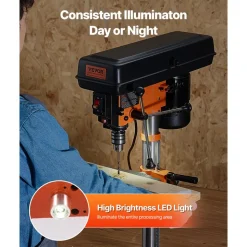 VEVOR Benchtop Drill Press, 3.2 Amp, 5-Speed Adjustable Drill Press with 650/1050/1800/2350/3100 RPM, 10-inch Swing, Cast Iron Frame, 0-45° Tiltling Worktable, Work Light, for Drilling Wood & Metal