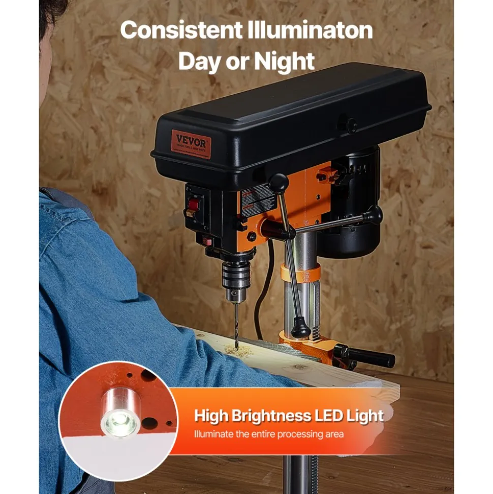 VEVOR Benchtop Drill Press, 3.2 Amp, 5-Speed Adjustable Drill Press with 650/1050/1800/2350/3100 RPM, 10-inch Swing, Cast Iron Frame, 0-45° Tiltling Worktable, Work Light, for Drilling Wood & Metal
