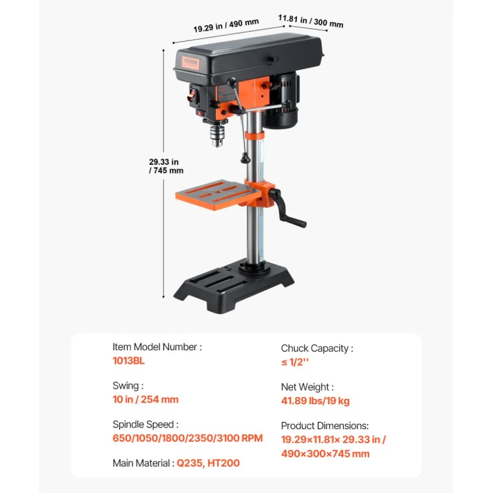 VEVOR Benchtop Drill Press, 3.2 Amp, 5-Speed Adjustable Drill Press with 650/1050/1800/2350/3100 RPM, 10-inch Swing, Cast Iron Frame, 0-45° Tiltling Worktable, Work Light, for Drilling Wood & Metal