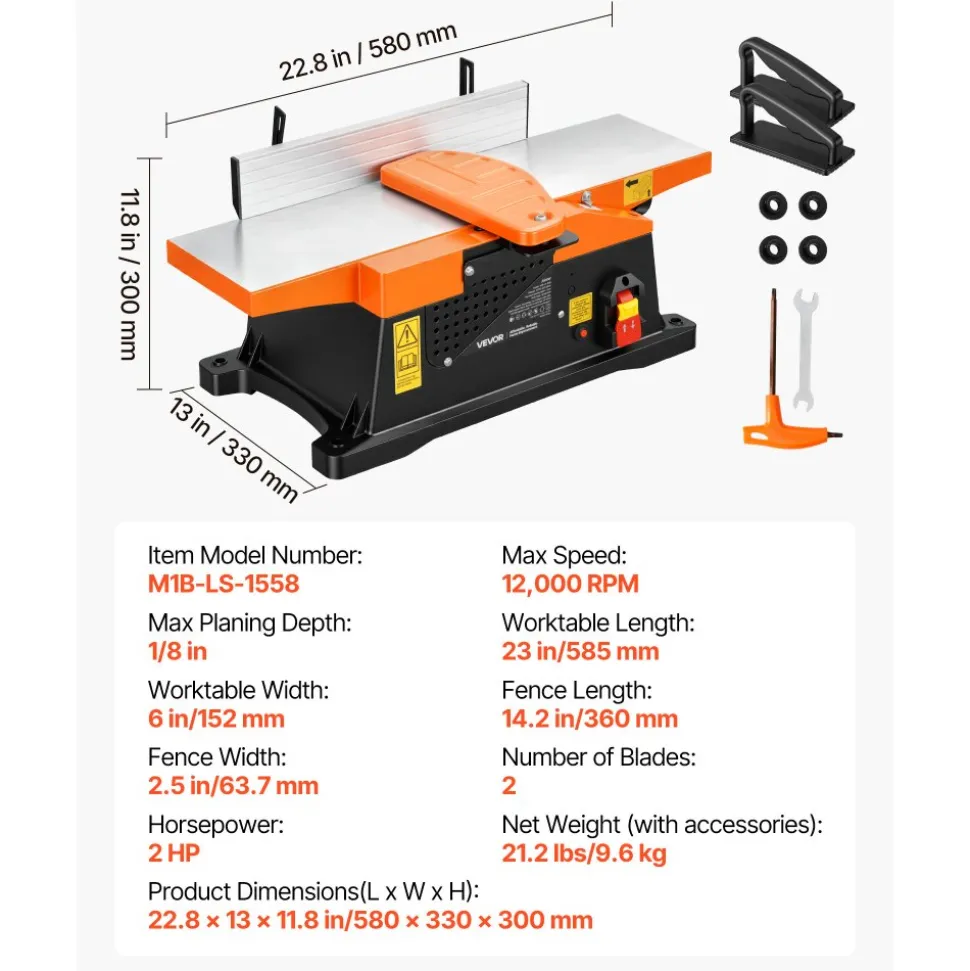 VEVOR Benchtop Jointer, 6 in, 2 HP 12000 RPM Bench Top Wood Jointer, with Straight Cutterhead, 2 HSS Blades, 6 x 23 in Cast Aluminum Table, Up to 1/8 in Depth, Adjustable Fence, for Woodworking DIY