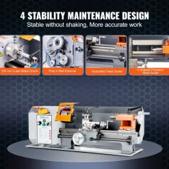 VEVOR Benchtop Metal Lathe, 7'' x 13.78'', offers precise metalworking with a 0-2200 RPM variable speed, powered by a 500W brush motor and durable metal gears. Includes a tool box for precise part