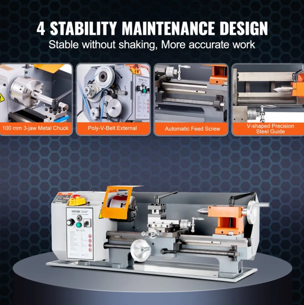 VEVOR Benchtop Metal Lathe, 7'' x 13.78'', offers precise metalworking with a 0-2200 RPM variable speed, powered by a 500W brush motor and durable metal gears. Includes a tool box for precise part