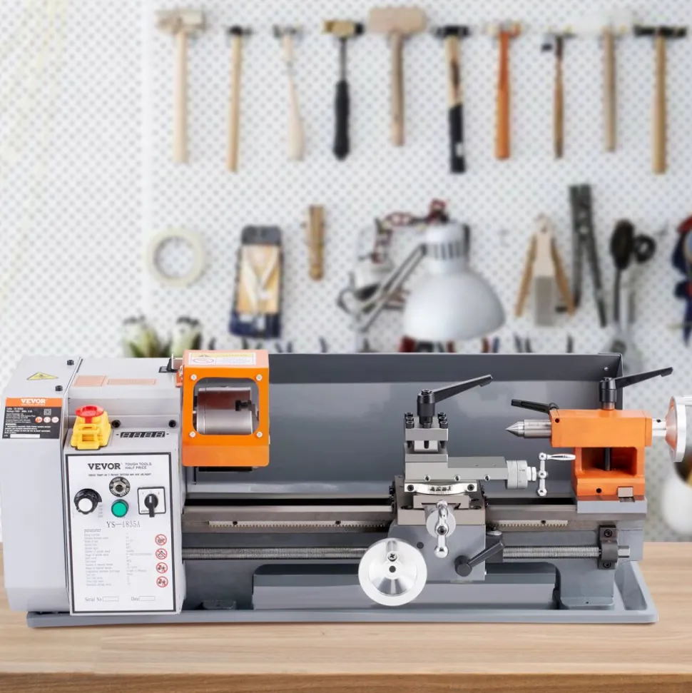 VEVOR Benchtop Metal Lathe, 7'' x 13.78'', offers precise metalworking with a 0-2200 RPM variable speed, powered by a 500W brush motor and durable metal gears. Includes a tool box for precise part
