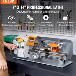 VEVOR Benchtop Metal Lathe, 7'' x 13.78'', offers precise metalworking with a 0-2200 RPM variable speed, powered by a 500W brush motor and durable metal gears. Includes a tool box for precise part