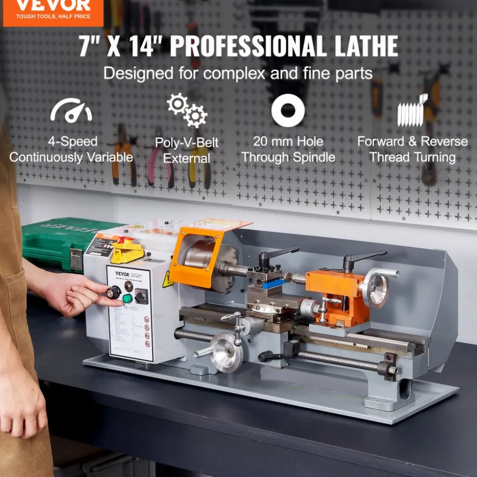 VEVOR Benchtop Metal Lathe, 7'' x 13.78'', offers precise metalworking with a 0-2200 RPM variable speed, powered by a 500W brush motor and durable metal gears. Includes a tool box for precise part