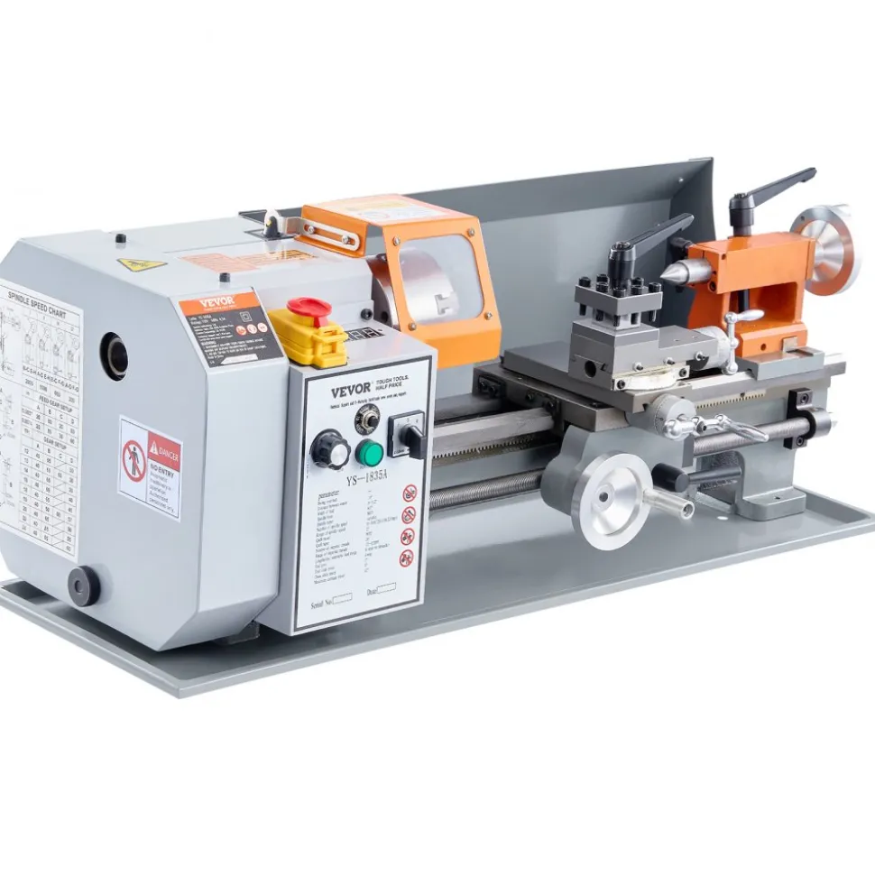 VEVOR Benchtop Metal Lathe, 7'' x 13.78'', offers precise metalworking with a 0-2200 RPM variable speed, powered by a 500W brush motor and durable metal gears. Includes a tool box for precise part