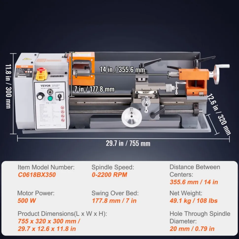 VEVOR Benchtop Metal Lathe, 7'' x 13.78'', offers precise metalworking with a 0-2200 RPM variable speed, powered by a 500W brush motor and durable metal gears. Includes a tool box for precise part