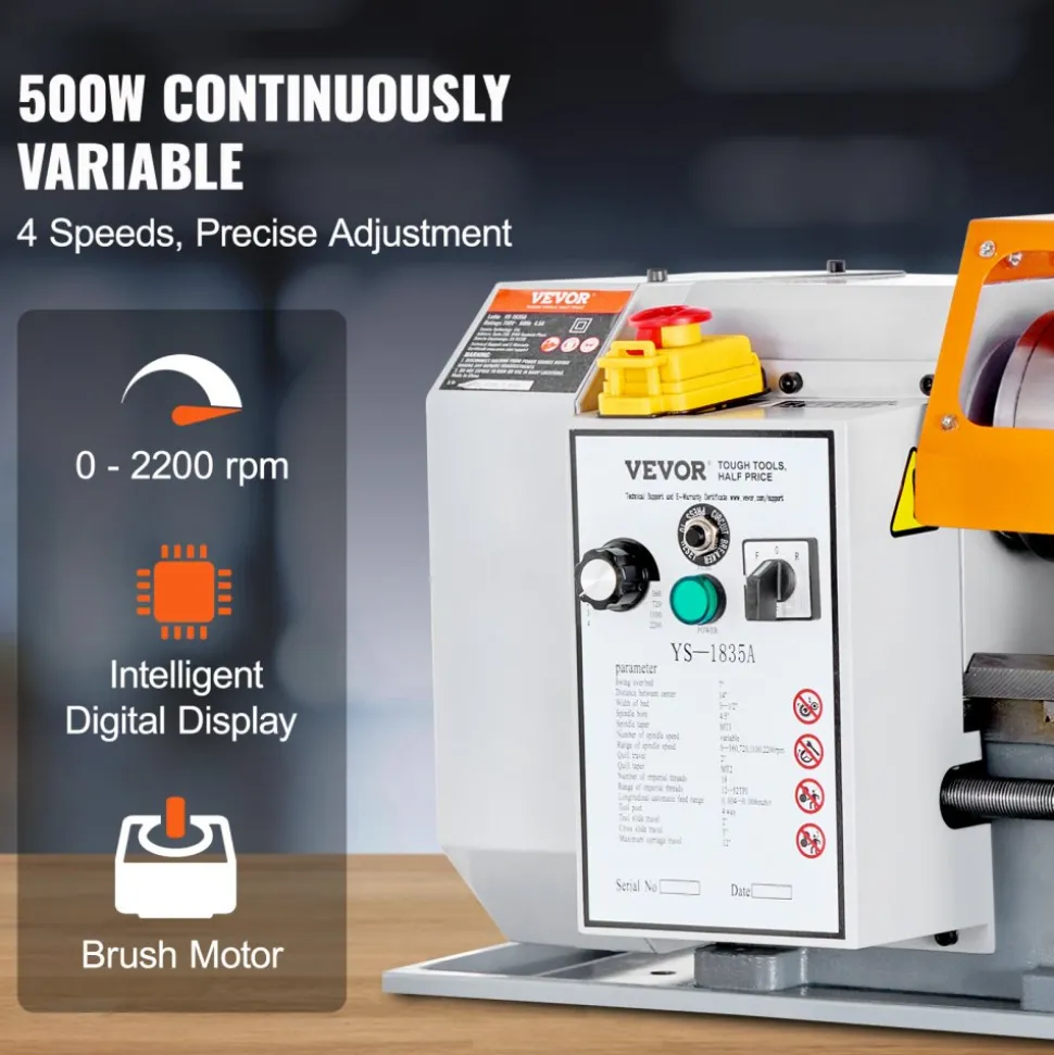 VEVOR Benchtop Metal Lathe, 7'' x 13.78'', offers precise metalworking with a 0-2200 RPM variable speed, powered by a 500W brush motor and durable metal gears. Includes a tool box for precise part
