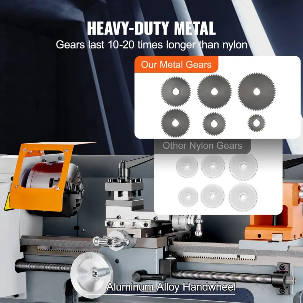 VEVOR Benchtop Metal Lathe, 7'' x 13.78'', offers precise metalworking with a 0-2200 RPM variable speed, powered by a 500W brush motor and durable metal gears. Includes a tool box for precise part
