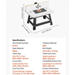 VEVOR Benchtop Router Table, 24 in x 15.7 in, Bench Top Routing Table with Adjustable Fence, MDF Top, Sturdy Metal Base, 2-1/2 in Dust Collection Port, Compatible with Routes & Various Drill Bits
