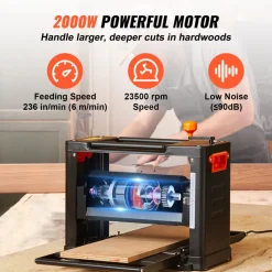 VEVOR Benchtop Thickness Planer, Dual Speed, 13" Wide Table, Equipped with Three Blades, 15-Amp 2000W Motor, Includes 12" Extended Input Table, Designed for Quiet Operation on Various Wood Types