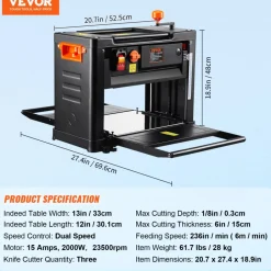 VEVOR Benchtop Thickness Planer, Dual Speed, 13