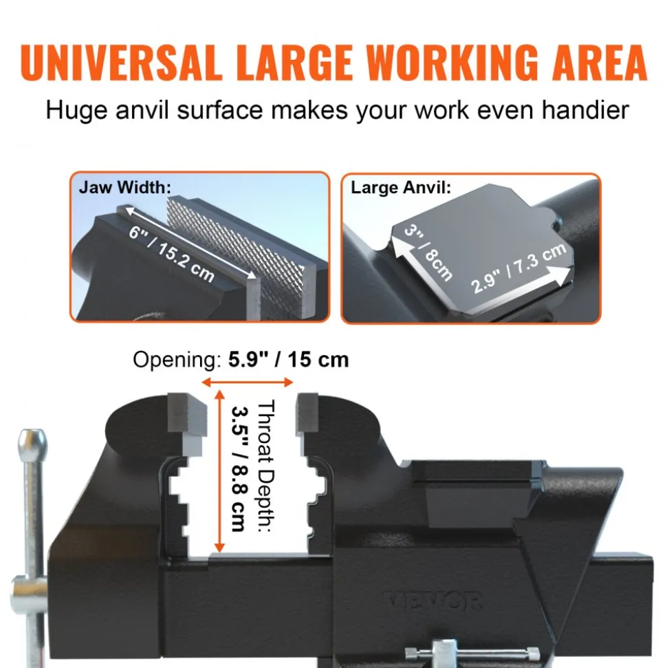 VEVOR Bench Vise, 6-inch Jaw Width 5.9-inch Jaw Opening, 360-Degree Swivel Locking Base Multipurpose Vise with Anvil, Heavy Duty Ductile Iron Workbench Vise with Bolts & Nuts, for Drilling, Pipe Cutti