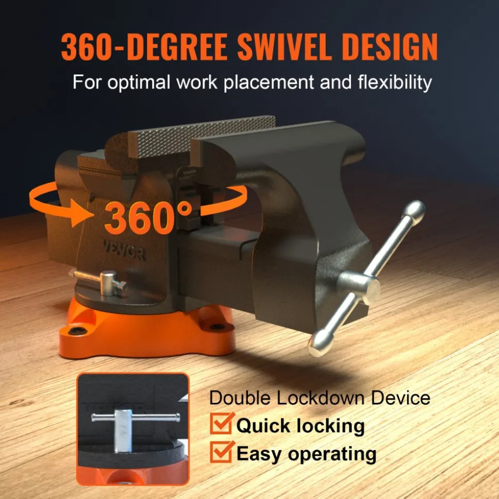 VEVOR Bench Vise, 6-inch Jaw Width 5.9-inch Jaw Opening, 360-Degree Swivel Locking Base Multipurpose Vise with Anvil, Heavy Duty Ductile Iron Workbench Vise with Bolts & Nuts, for Drilling, Pipe Cutti