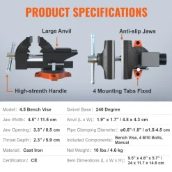 VEVOR Bench Vise, 4.5-inch Jaw Width 3.3-inch Jaw Opening , 240-Degree Swivel Locking Base Multipurpose Vise with Anvil, Heavy Duty Cast Iron Workbench Vise with Bolts & Nuts, for Drilling, Pipe Cutti