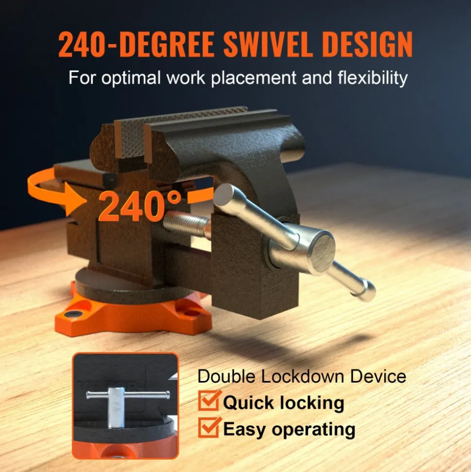 VEVOR Bench Vise, 4.5-inch Jaw Width 3.3-inch Jaw Opening , 240-Degree Swivel Locking Base Multipurpose Vise with Anvil, Heavy Duty Cast Iron Workbench Vise with Bolts & Nuts, for Drilling, Pipe Cutti