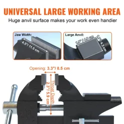VEVOR Bench Vise, 4.5-inch Jaw Width 3.3-inch Jaw Opening , 240-Degree Swivel Locking Base Multipurpose Vise with Anvil, Heavy Duty Cast Iron Workbench Vise with Bolts & Nuts, for Drilling, Pipe Cutti