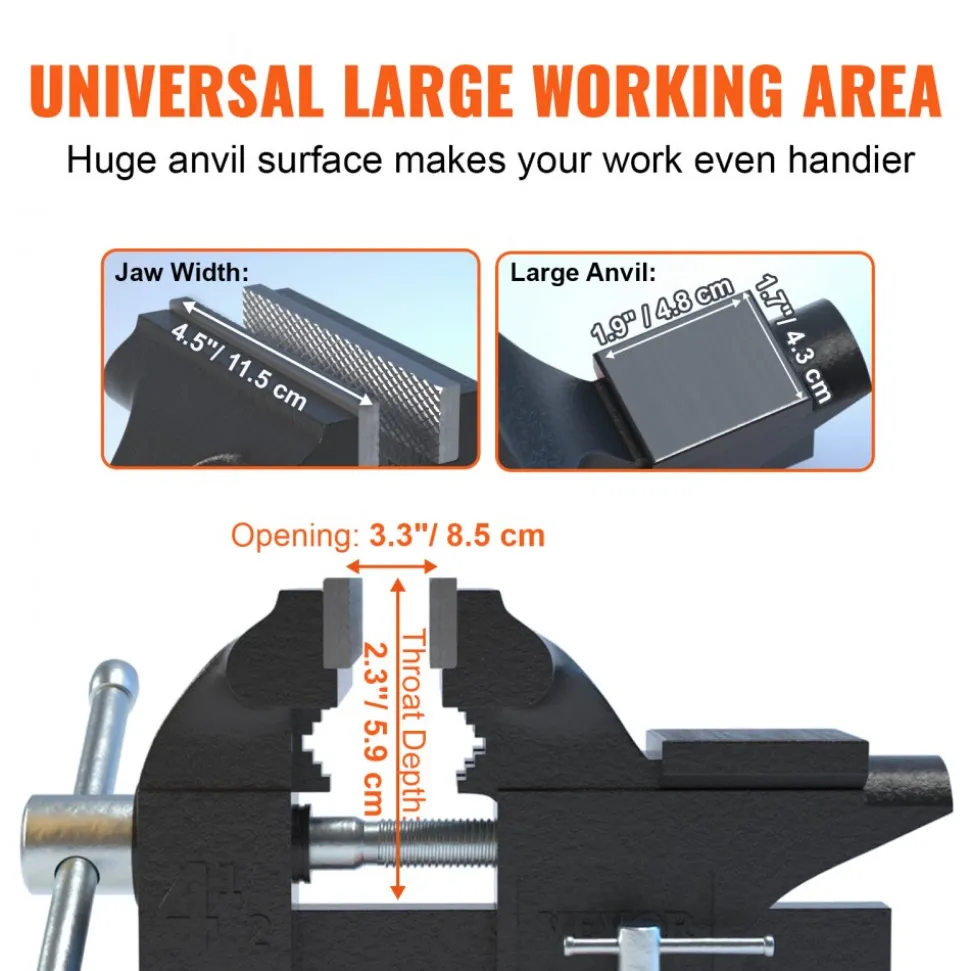 VEVOR Bench Vise, 4.5-inch Jaw Width 3.3-inch Jaw Opening , 240-Degree Swivel Locking Base Multipurpose Vise with Anvil, Heavy Duty Cast Iron Workbench Vise with Bolts & Nuts, for Drilling, Pipe Cutti