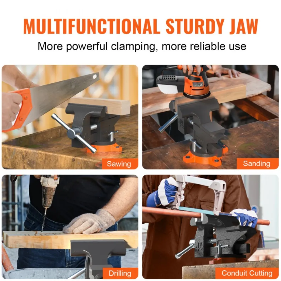 VEVOR Bench Vise, 4.5-inch Jaw Width 3.3-inch Jaw Opening , 240-Degree Swivel Locking Base Multipurpose Vise with Anvil, Heavy Duty Cast Iron Workbench Vise with Bolts & Nuts, for Drilling, Pipe Cutti