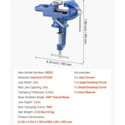 VEVOR Bench Vise, 3 Inch, Portable Workbench Vice with 360° Swivel Base, Quick Release Rotating Bench Clamp, Raised Base, Cast Iron Construction, for Woodworking, Metalworking, Drilling, and Cutting