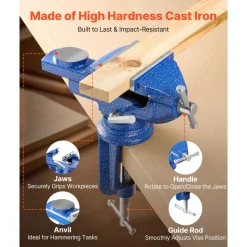 VEVOR Bench Vise, 3 Inch, Portable Workbench Vice with 360° Swivel Base, Quick Release Rotating Bench Clamp, Raised Base, Cast Iron Construction, for Woodworking, Metalworking, Drilling, and Cutting