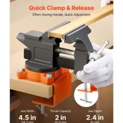 VEVOR Bench Vise, 4.5 Inch, Portable Workbench Vice with 270° Swivel Base, Quick Release Rotating Bench Clamp, Cast Iron Construction, for Woodworking, Metalworking, Drilling, Sawing, Cutting Conduit