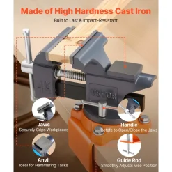 VEVOR Bench Vise, 4.5 Inch, Portable Workbench Vice with 270° Swivel Base, Quick Release Rotating Bench Clamp, Cast Iron Construction, for Woodworking, Metalworking, Drilling, Sawing, Cutting Conduit