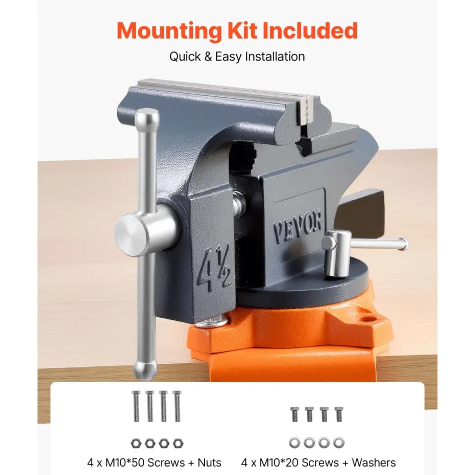 VEVOR Bench Vise, 4.5 Inch, Portable Workbench Vice with 270° Swivel Base, Quick Release Rotating Bench Clamp, Cast Iron Construction, for Woodworking, Metalworking, Drilling, Sawing, Cutting Conduit