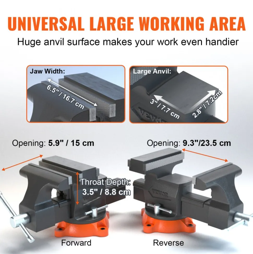 VEVOR Bench Vise, 6.5" Jaw Width 6.5" Forward &9.3" Reverse Opening, 360-Degree Swivel Locking Base Multipurpose Workbench with Anvil, Heavy Duty Ductile Iron with Bolts & Nuts, for Drilling, Pipe Cut