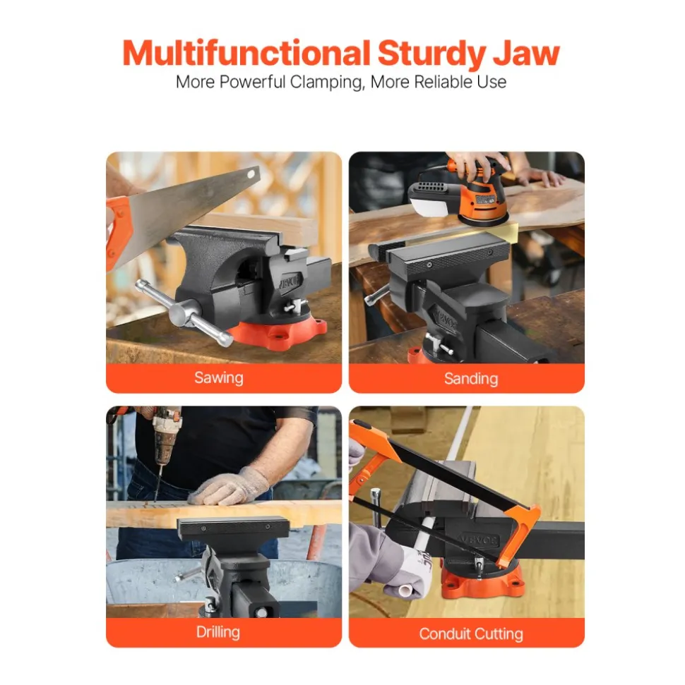 VEVOR Bench Vise, 5" Jaw Width, 5" Max Jaw Opening Multipurpose Vise with 360° Swivel Locking Base, 2.8" Throat Depth, Heavy Duty Ductile Iron Workbench Vise with Anvil, for Clamping Round Pipes