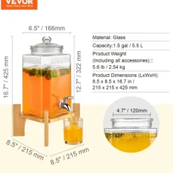 VEVOR Beverage Dispenser, 1.5 Gallon Drink Dispensers for Parties, 2PC,Glass Juice Dispenser with Stand, Stainless Steel Spigot, Iced Tea Lemonade Juice Water Dispenser, for Restaurants, Hotels, Parti