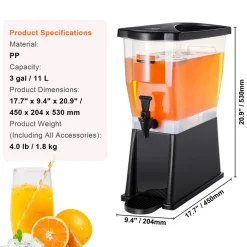 VEVOR Beverage Dispenser, 3 Gallon Drink Dispenser for Parties, Plastic Juice Dispenser with Stand Spigot Lid, Iced Tea Lemonade Juice Water Dispenser, for Restaurants, Hotels, Parties