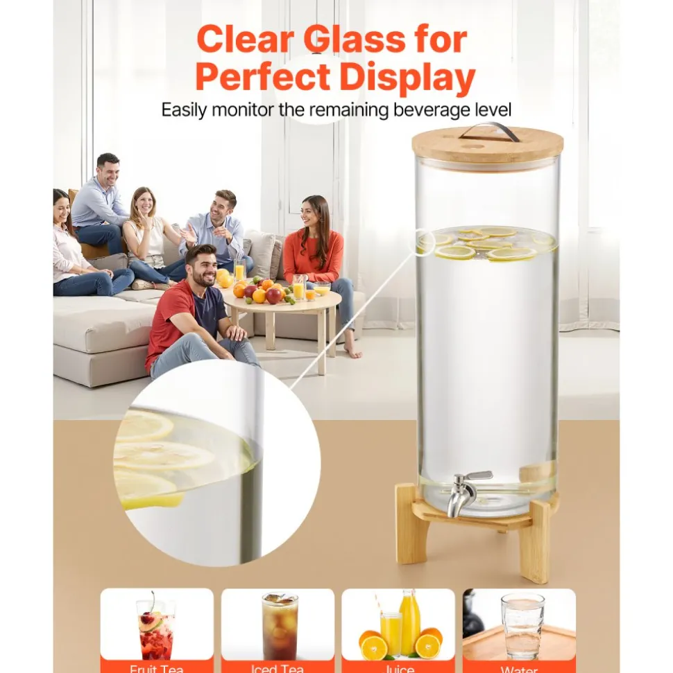 VEVOR Beverage Dispenser, 3.5 Gallon Drink Dispensers for Parties, Glass Juice Dispenser with Wood Stand, Stainless Steel Spigot, Iced Tea Lemonade Juice Water Dispensers for Parties