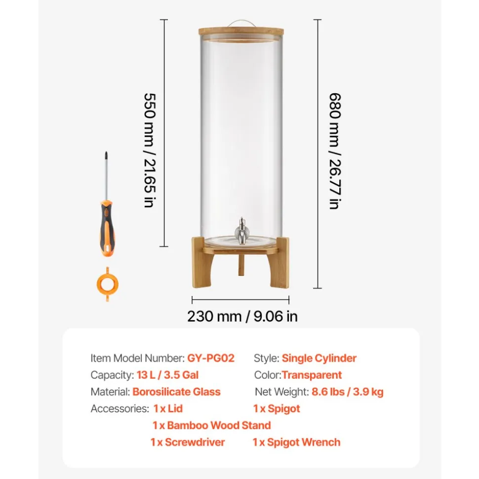 VEVOR Beverage Dispenser, 3.5 Gallon Drink Dispensers for Parties, Glass Juice Dispenser with Wood Stand, Stainless Steel Spigot, Iced Tea Lemonade Juice Water Dispensers for Parties