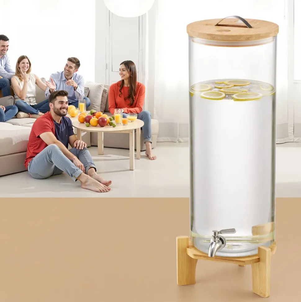 VEVOR Beverage Dispenser, 3.5 Gallon Drink Dispensers for Parties, Glass Juice Dispenser with Wood Stand, Stainless Steel Spigot, Iced Tea Lemonade Juice Water Dispensers for Parties