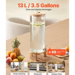 VEVOR Beverage Dispenser, 3.5 Gallon Drink Dispensers for Parties, Glass Juice Dispenser with Wood Stand, Stainless Steel Spigot, Iced Tea Lemonade Juice Water Dispensers for Parties