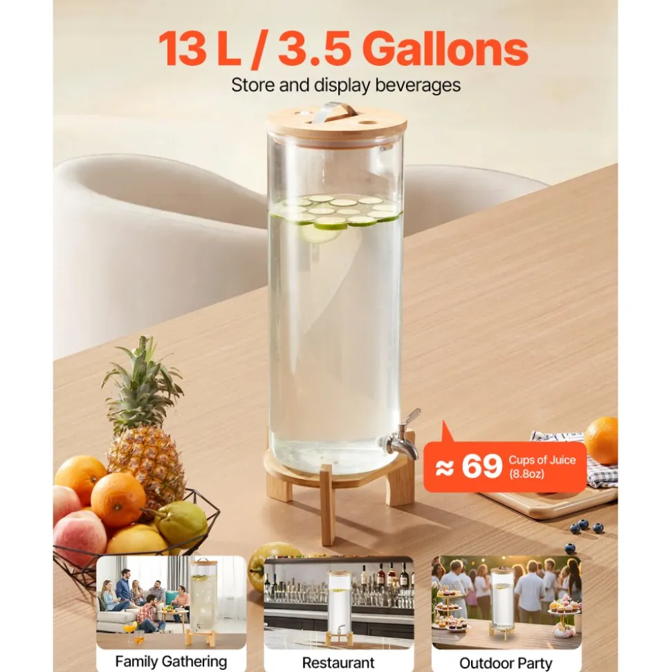 VEVOR Beverage Dispenser, 3.5 Gallon Drink Dispensers for Parties, Glass Juice Dispenser with Wood Stand, Stainless Steel Spigot, Iced Tea Lemonade Juice Water Dispensers for Parties