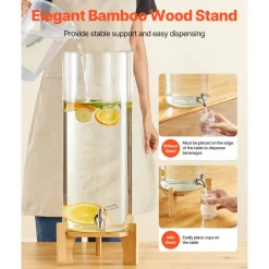 VEVOR Beverage Dispenser, 3.5 Gallon Drink Dispensers for Parties, Glass Juice Dispenser with Wood Stand, Stainless Steel Spigot, Iced Tea Lemonade Juice Water Dispensers for Parties
