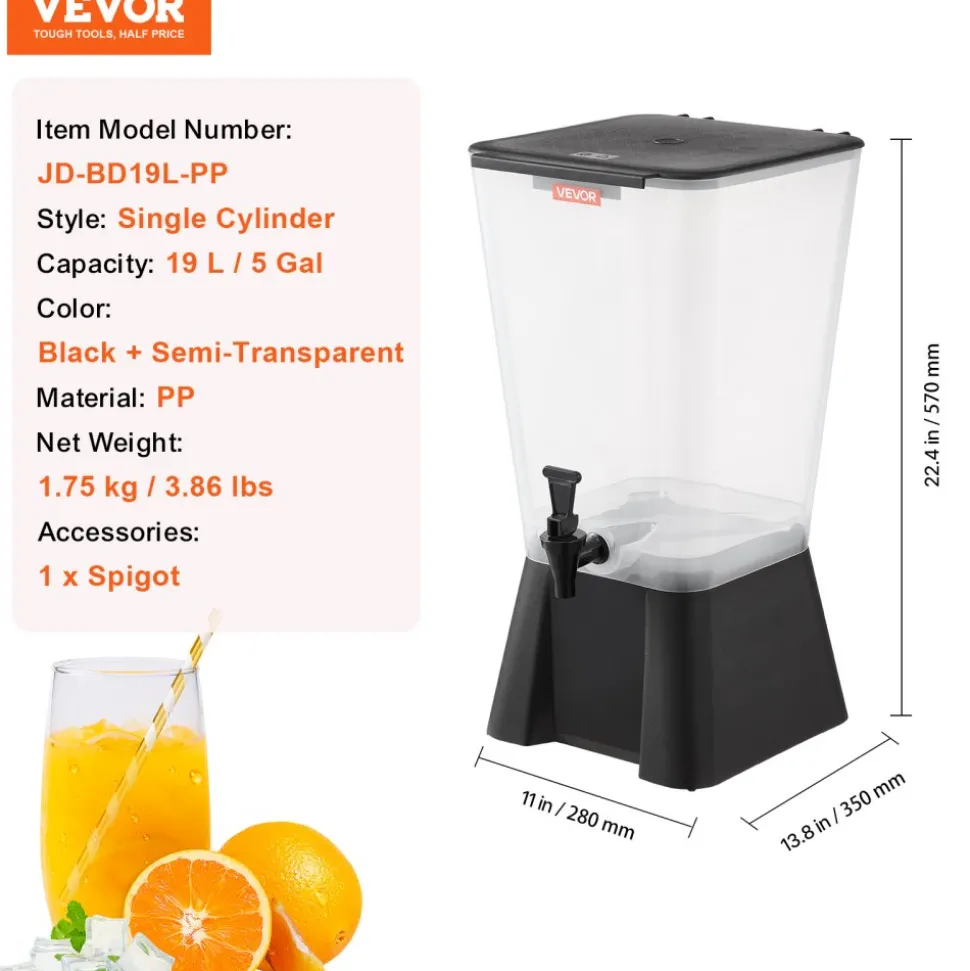 VEVOR Beverage Dispenser, 5 Gallon Drink Dispenser for Parties, Plastic Juice Dispensers with No-Drip Spigot, Iced Tea Lemonade Juice Water Dispensers, for Restaurants, Hotels, Parties