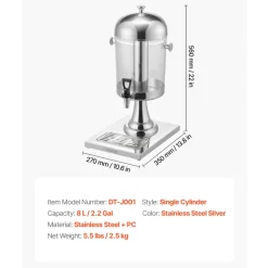 VEVOR Beverage Dispenser, 2.1 Gallon Drink Dispenser for Parties, Stainless Steel + Plastic Juice Dispensers with Spigot Ice Chamber Tray, Iced Tea Lemonade Juice Dispensers, for Restaurants, Hotels