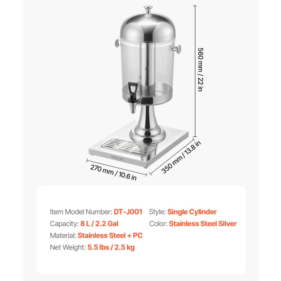 VEVOR Beverage Dispenser, 2.1 Gallon Drink Dispenser for Parties, Stainless Steel + Plastic Juice Dispensers with Spigot Ice Chamber Tray, Iced Tea Lemonade Juice Dispensers, for Restaurants, Hotels