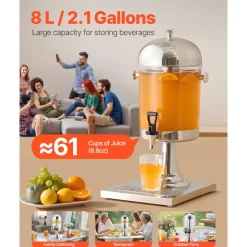 VEVOR Beverage Dispenser, 2.1 Gallon Drink Dispenser for Parties, Stainless Steel + Plastic Juice Dispensers with Spigot Ice Chamber Tray, Iced Tea Lemonade Juice Dispensers, for Restaurants, Hotels
