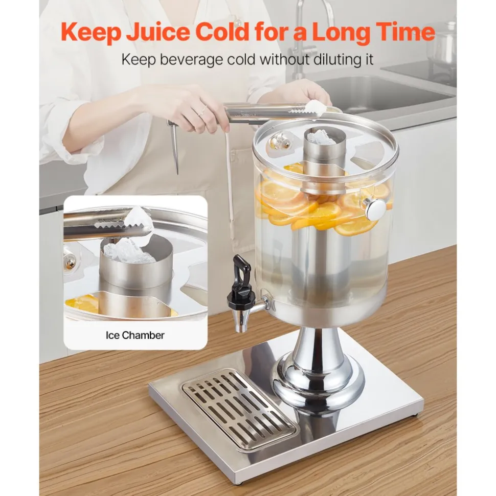 VEVOR Beverage Dispenser, 2.1 Gallon Drink Dispenser for Parties, Stainless Steel + Plastic Juice Dispensers with Spigot Ice Chamber Tray, Iced Tea Lemonade Juice Dispensers, for Restaurants, Hotels
