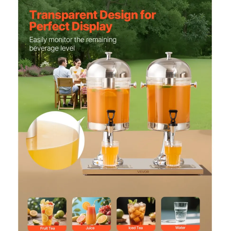 VEVOR Beverage Dispenser, 2.1 Gallon x 2 Drink Dispenser for Parties, Stainless Steel + Plastic Juice Dispensers with Spigot Ice Chamber Tray, Iced Tea Lemonade Dispensers, for Restaurants, Hotels