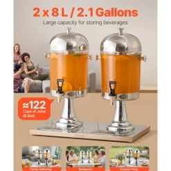 VEVOR Beverage Dispenser, 2.1 Gallon x 2 Drink Dispenser for Parties, Stainless Steel + Plastic Juice Dispensers with Spigot Ice Chamber Tray, Iced Tea Lemonade Dispensers, for Restaurants, Hotels