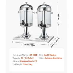 VEVOR Beverage Dispenser, 2.1 Gallon x 2 Drink Dispenser for Parties, Stainless Steel + Plastic Juice Dispensers with Spigot Ice Chamber Tray, Iced Tea Lemonade Dispensers, for Restaurants, Hotels