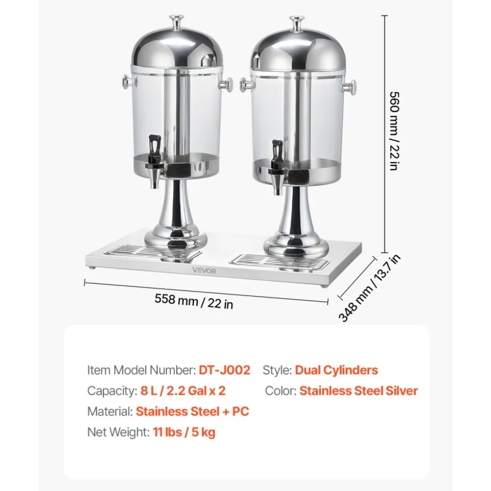 VEVOR Beverage Dispenser, 2.1 Gallon x 2 Drink Dispenser for Parties, Stainless Steel + Plastic Juice Dispensers with Spigot Ice Chamber Tray, Iced Tea Lemonade Dispensers, for Restaurants, Hotels