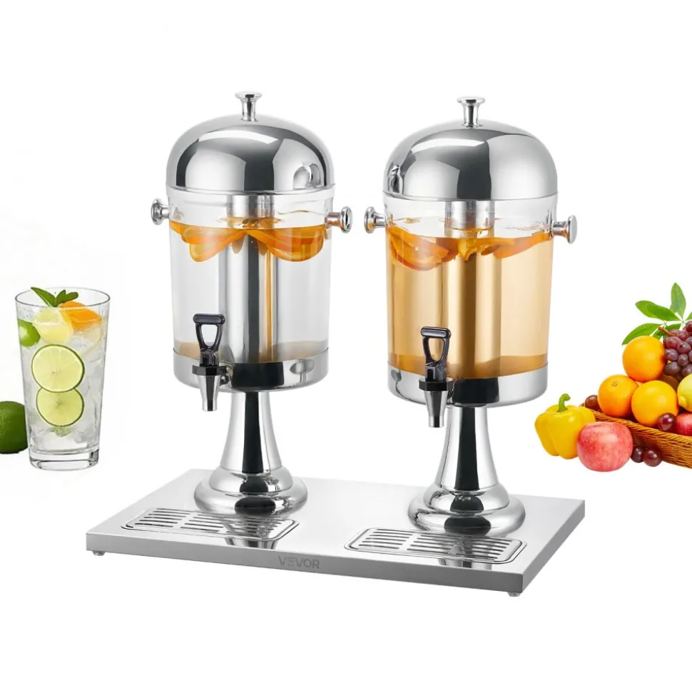 VEVOR Beverage Dispenser, 2.1 Gallon x 2 Drink Dispenser for Parties, Stainless Steel + Plastic Juice Dispensers with Spigot Ice Chamber Tray, Iced Tea Lemonade Dispensers, for Restaurants, Hotels