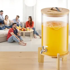 VEVOR Beverage Dispenser, 2.2 Gallon Drink Dispensers for Parties, Glass Juice Dispenser with Wood Stand, Stainless Steel Spigot, Iced Tea Lemonade Juice Water Dispensers for Parties